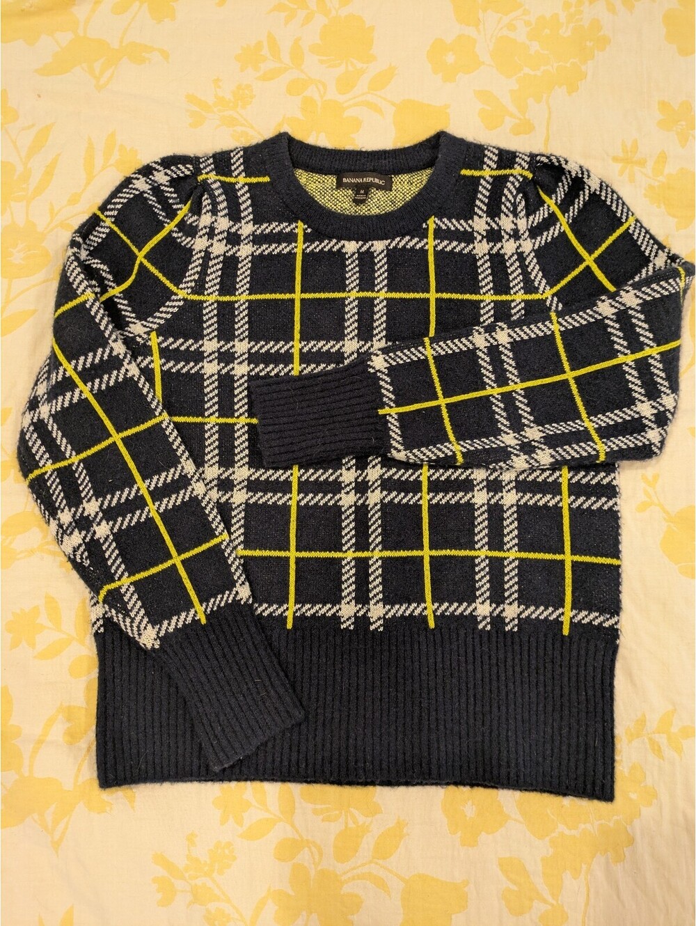 Banana Republic Plaid Knit Sweater, Slight Puff Sleeve Detail, Blue & Gold